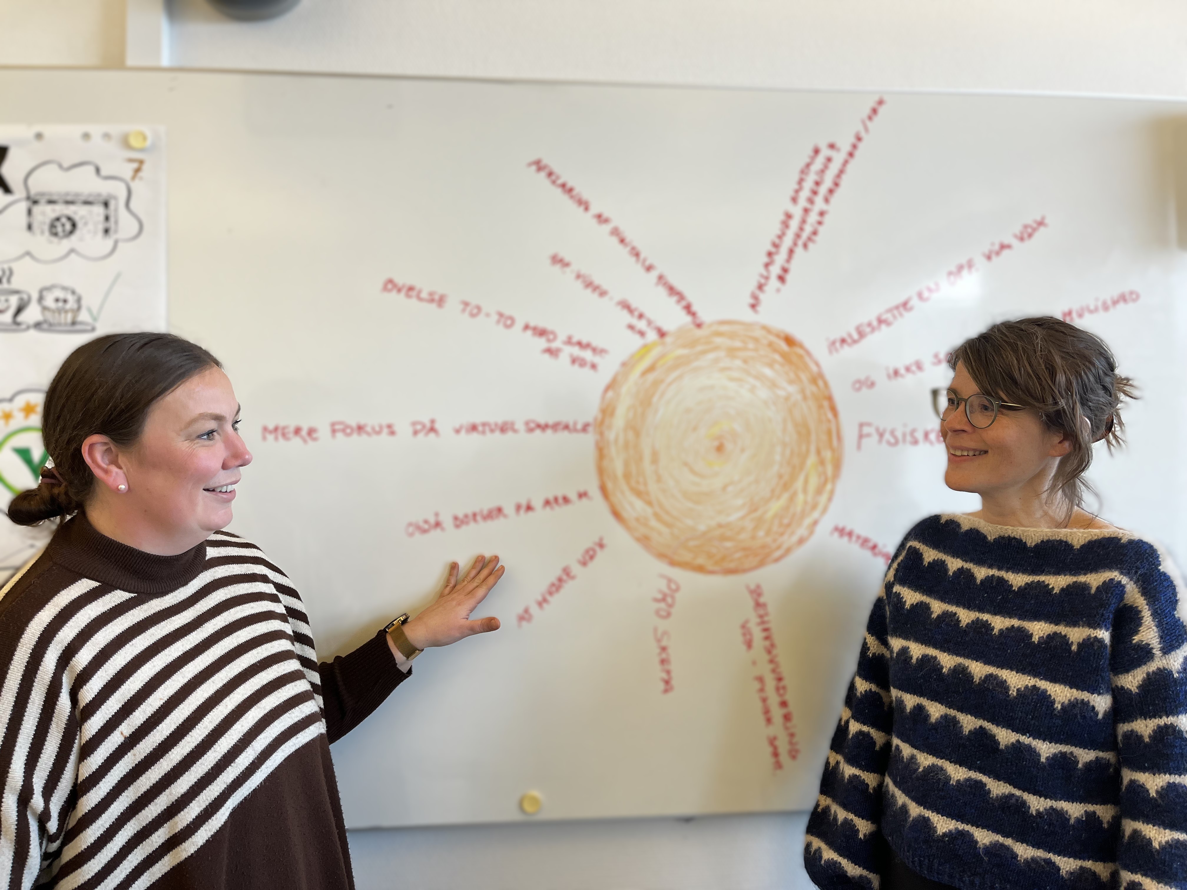 To medarbejdere fra Frederikshavn Kommune, der har været med til at planlægge temaeftermiddagen, står foran en tavle